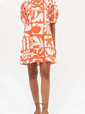 Orange & White Graphic Puff Sleeve Shift Dress